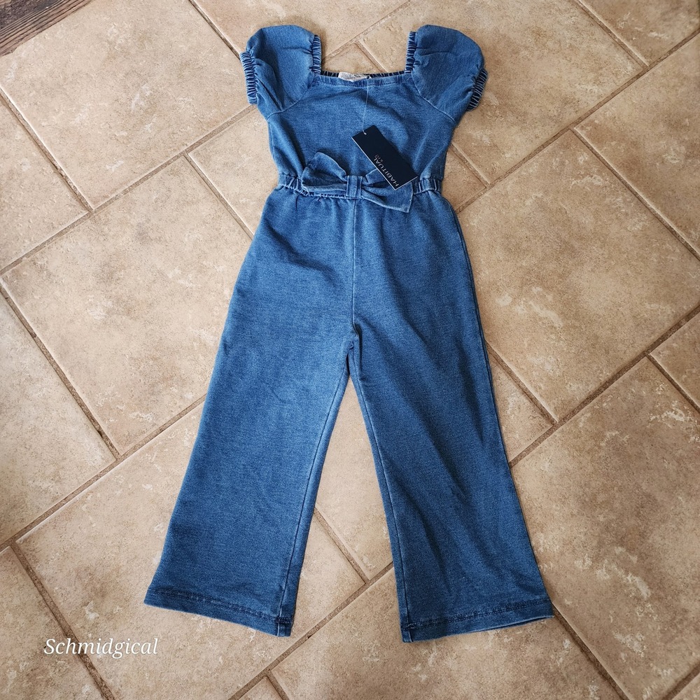 Habitual Girl Denim Jumpsuit Medium Stone Wash Puff Sleeve Bow Waist 4T NWT